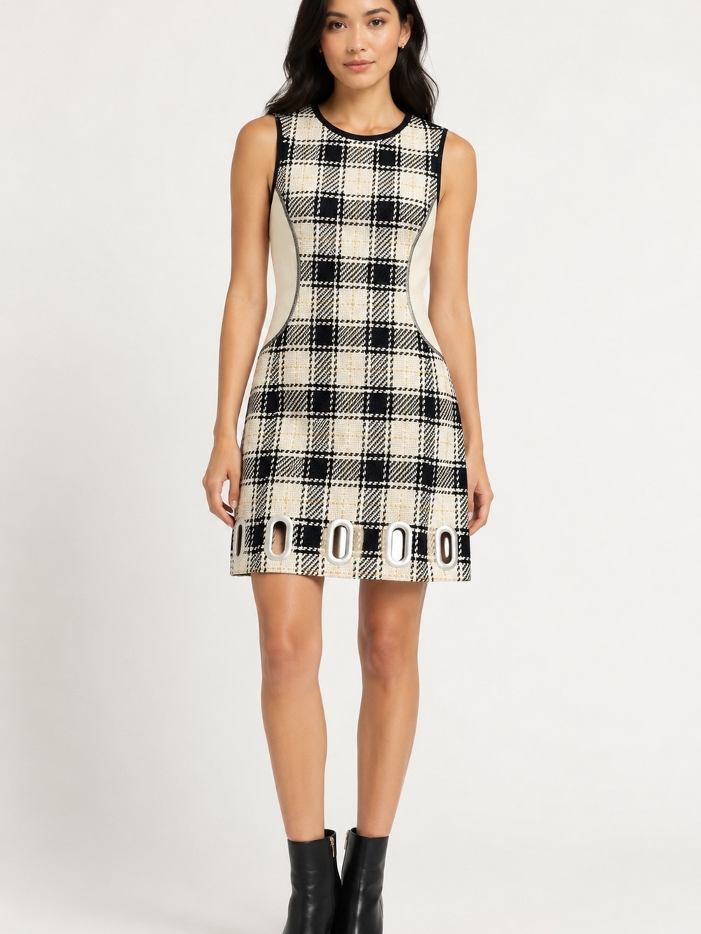 3.1 Phillip Lim Plaid Eyelet Grommet Dress Size 4 Black Ivory Designer